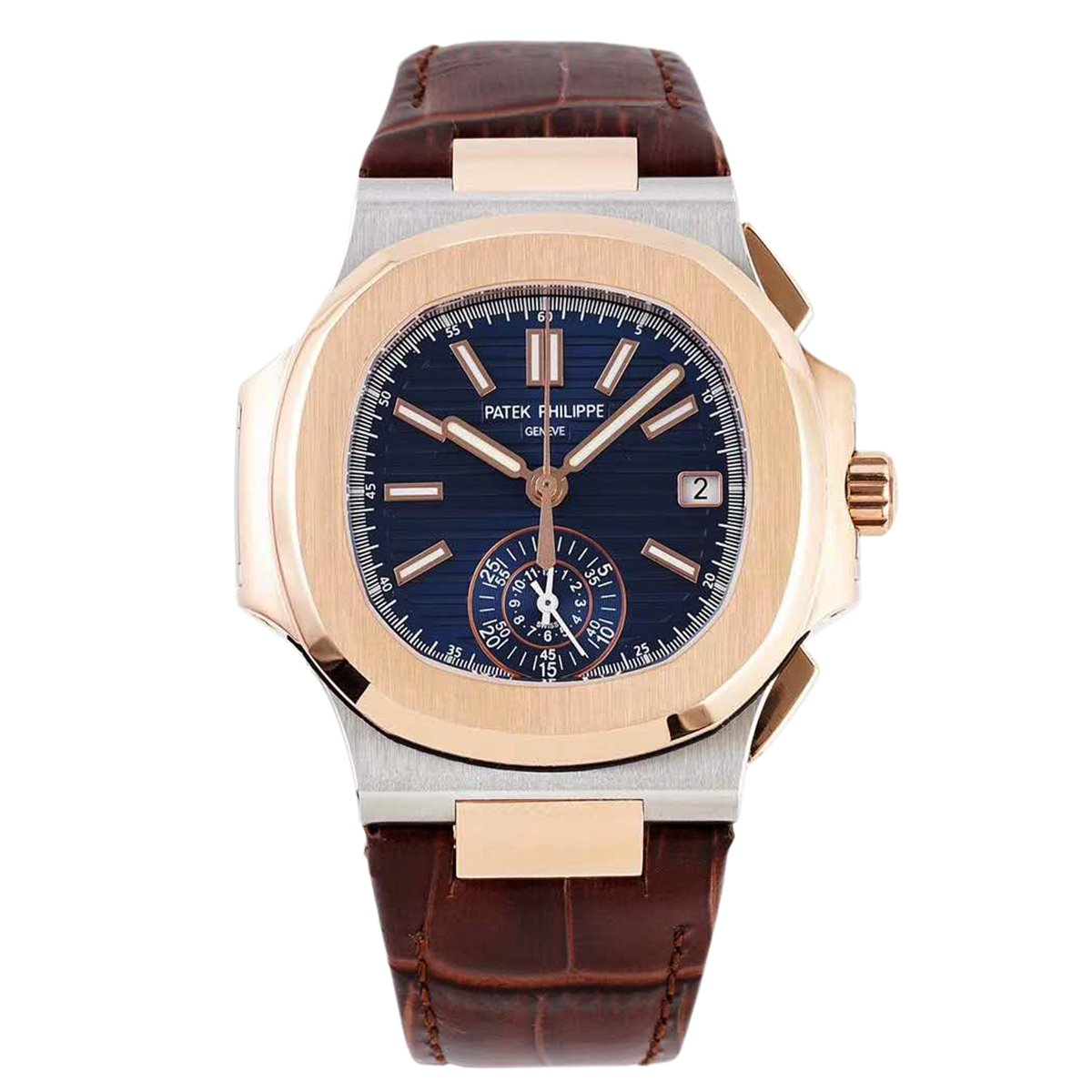 Nautilus Chronograph 5980/1AR in Steel and Rose Gold on Brown Leather Strap
