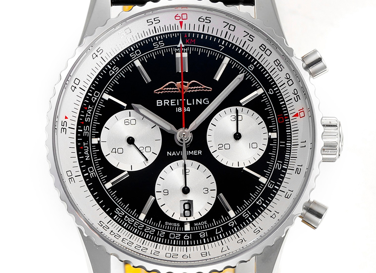 Navitimer B01 Chronograph 43 Black Dial in Steel on Leather Strap Ref. AB0138211B1P1